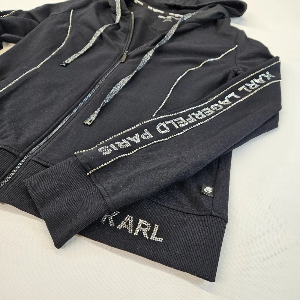 Karl Lagerfeld Black Hoodie Full Zip Spellout Tape With Sparkles Womens Small - Picture 2 of 8